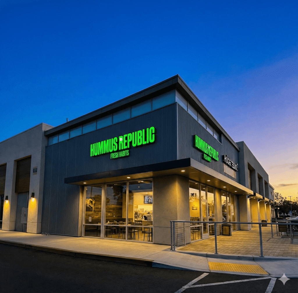 exterior view of a hummus republic restaurant at dusk, with illuminated signage and empty outdoor seating area. exterior view of a hummus republic restaurant at dusk, with illuminated signage and empty outdoor seating area.