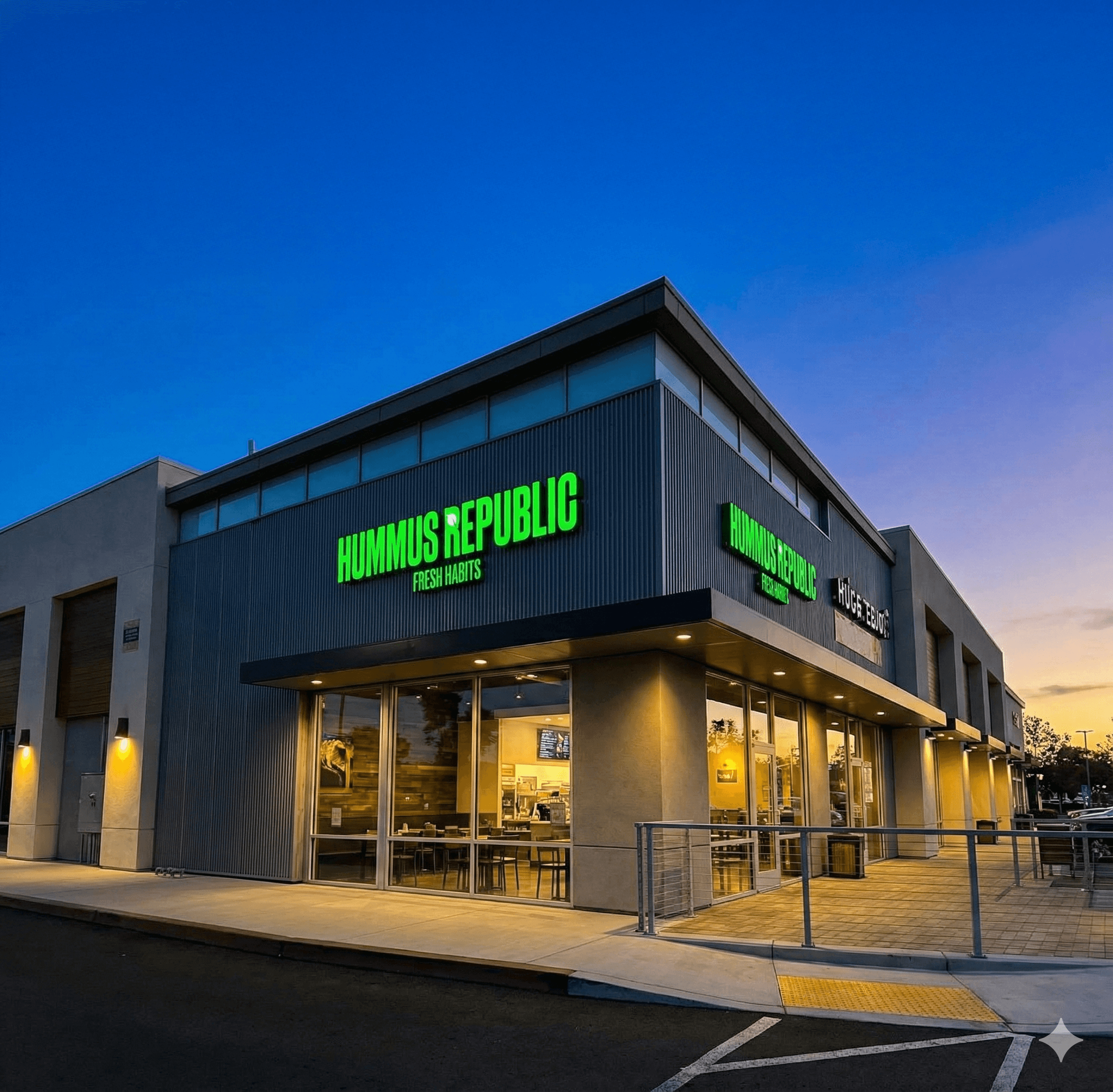 exterior view of a hummus republic restaurant at dusk, with illuminated signage and empty outdoor seating area.